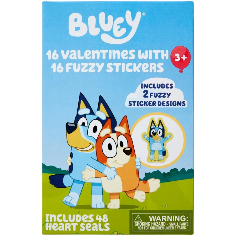 Bluey Valentine Exchange Cards with Fuzzy Stickers, Blue, Paper, Classroom, 16 Count | Walmart (US)