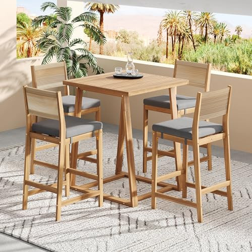 Christopher Knight Home Barron 5-Piece Acacia Wood Patio Bar Set, Patio Bar Table and Stools Set, Soft Seat Cushions, Rattan/Wicker Dining Set for Garden, Backyard, Poolside, Balcony,Teak + Dark Gray | Amazon (US)