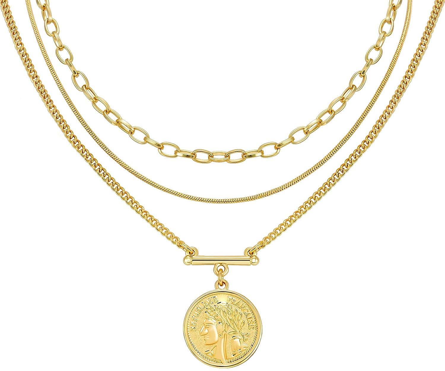 LANE WOODS Layered 18k Gold Plated Necklaces for Women - Multilayer Coin Medallion Pendant Neckla... | Amazon (US)