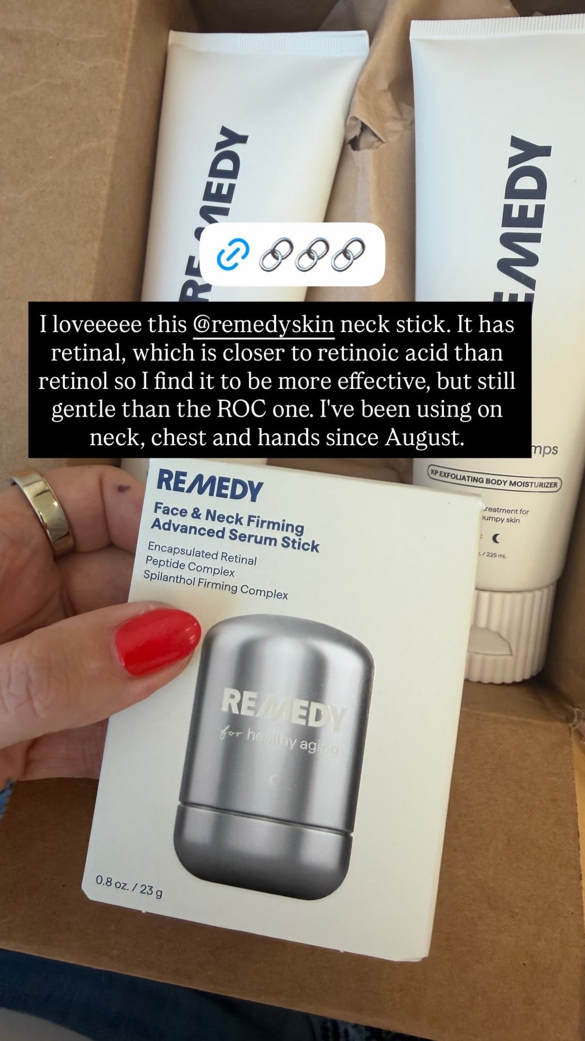 Huge fan of this Remedy Science neck-firming serum stick. It’s a retinal, which uses retinoic acid instead of pure retinol, so it’s gentler on the skin and in my opinion more effective. It comes in stick form for easy application and can be used on your face and body for crepey skin. I’ve been using it on my neck, chest, and hands since August and have definitely seen results.

#LTKBeauty #LTKselfcare