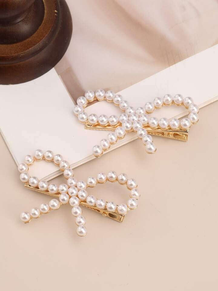 2pcs Fashionable Faux Pearl Bow Detail Side Clips, Sweet And Versatile Hair Accessories | SHEIN