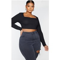 Plus Black Rib Square Neck Long Sleeve Crop Top | PrettyLittleThing CAN