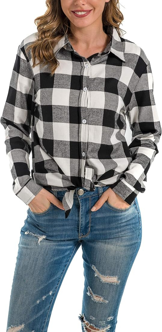 GUANYY Women's Long Sleeve Casual Loose Classic Plaid Button Down Shirt Red Black Large at Amazon... | Amazon (US)