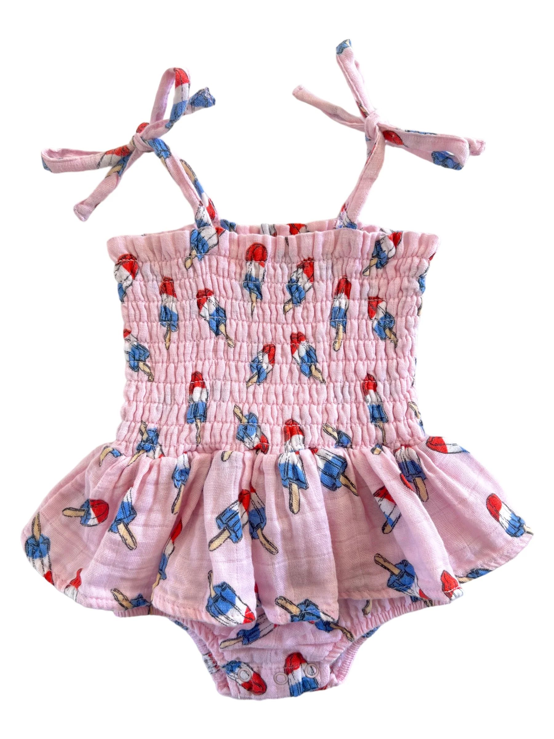 Muslin Smocked Bubble w/ Skirt, Pink Astropops | SpearmintLOVE