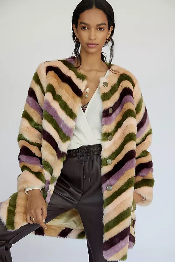 Chevron Faux Fur Coat By Hutch in Assorted Size XS | Anthropologie (US)