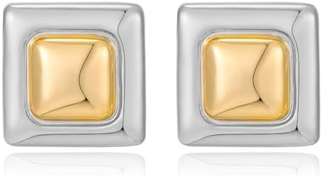 Gold Silver Stud Earrings Statement Square Two Tones Earrings for Women Trendy Geometric Jewelry | Amazon (US)