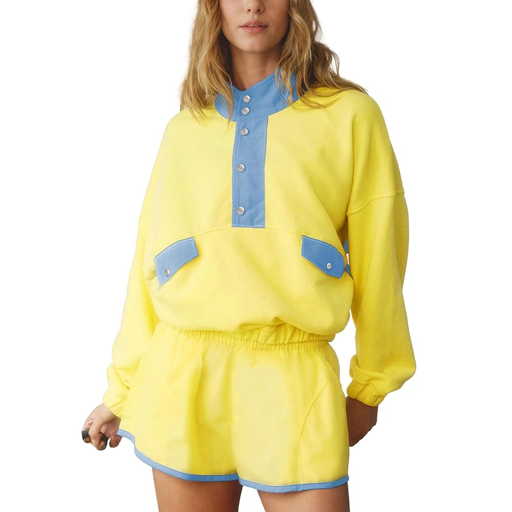 Workout Sets for Women Long Sleeve Half Button Pullover Elastic Waist Shorts Slouchy 2 Piece Set ... | Amazon (US)