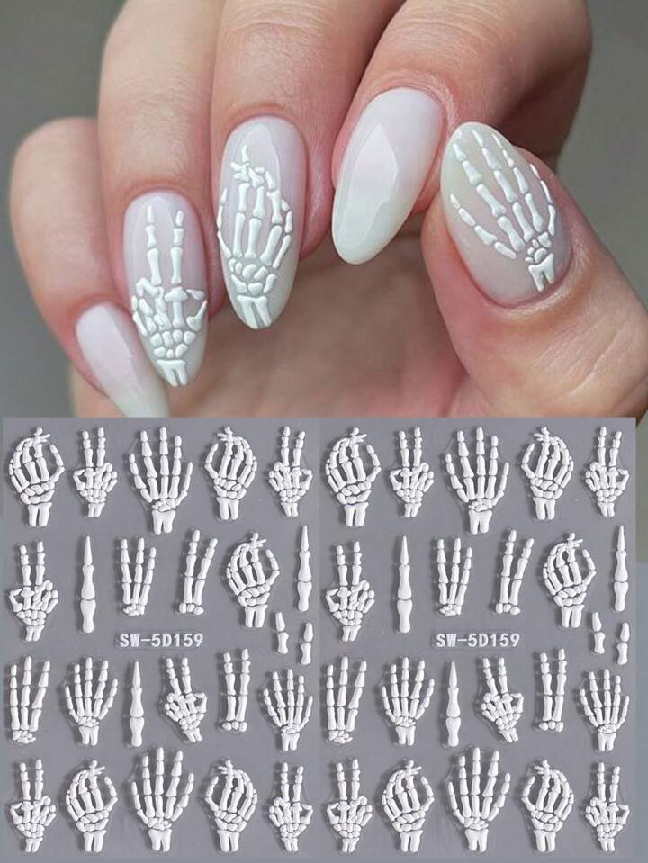 Halloween Nail Stickers, 2 Sheets Embossing 5D Self Adhesive Skull Bone Finger Design Nail Art De... | SHEIN
