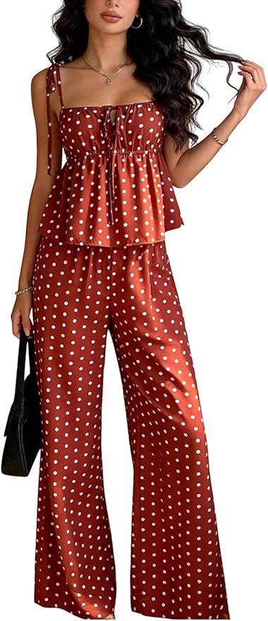 GORGLITTER Women's 2 Piece Outfits Going Out Sets Polka Dots Tie Shoulder Cami Top and Wide Leg P... | Amazon (US)