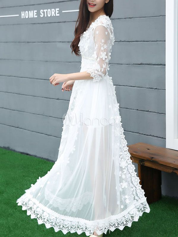White Dress Half Sleeve Split Lace Maxi Dress | Milanoo