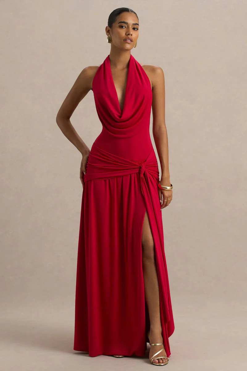 Mist  Red Plunge-Neck Maxi Dress With Sash Detail And Front High Split | Club L London