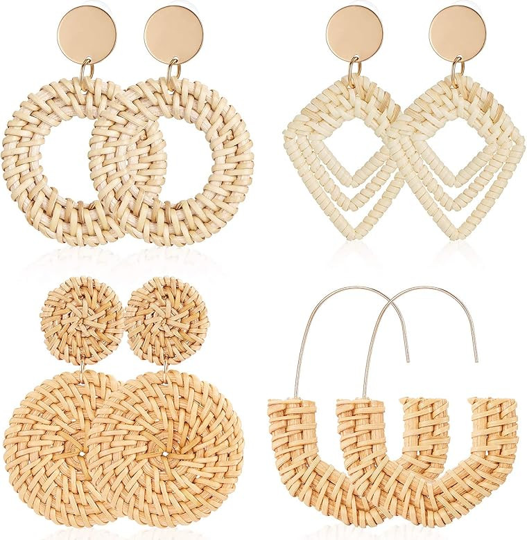 4 Pairs Rattan Earrings Lightweight Geometric Statement Tassel Woven Bohemian Earrings Handmade S... | Amazon (US)