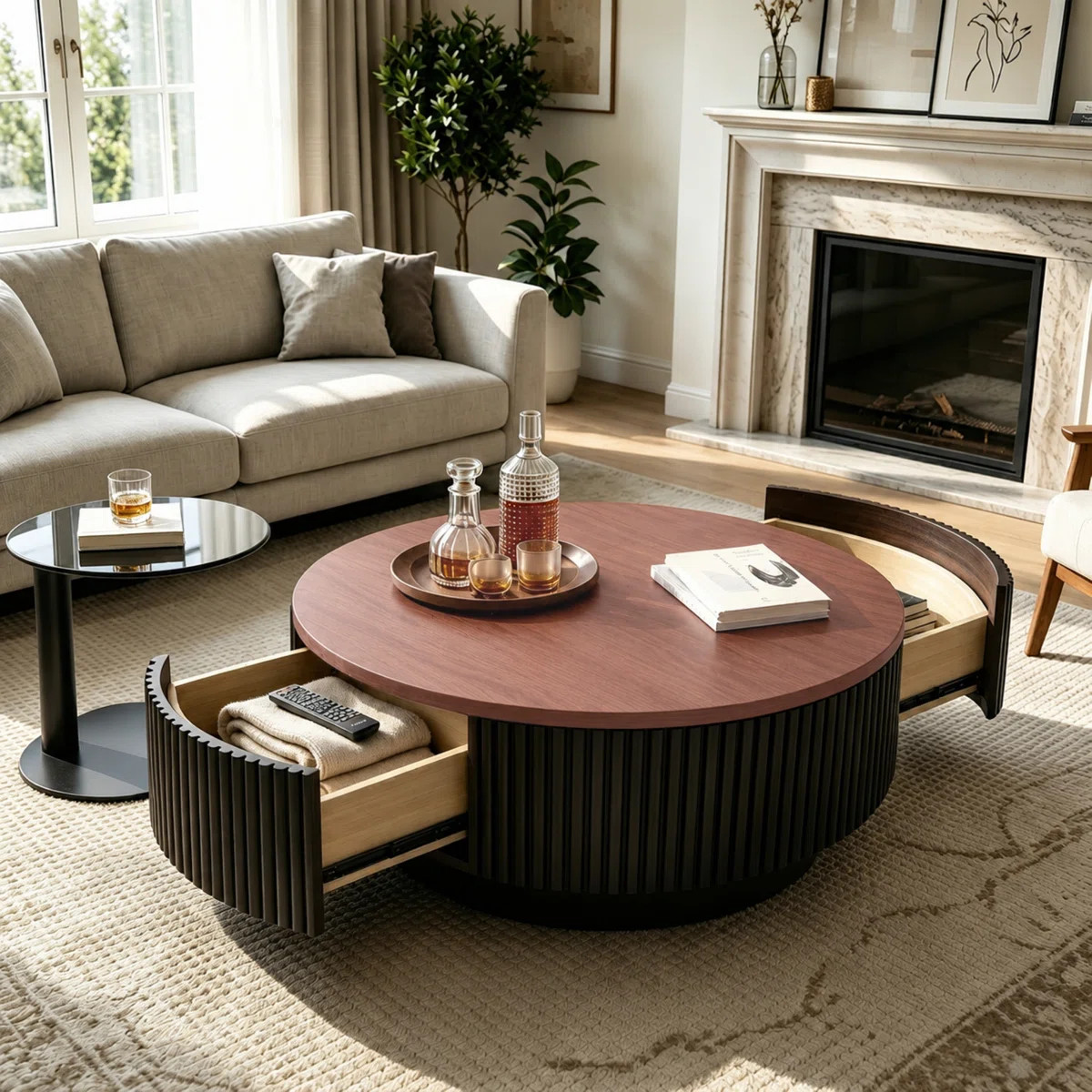 Round 2-Piece Nesting Coffee Table Set With Hidden Storage, Modern Fluted Base & Glass Side Table... | Wayfair North America