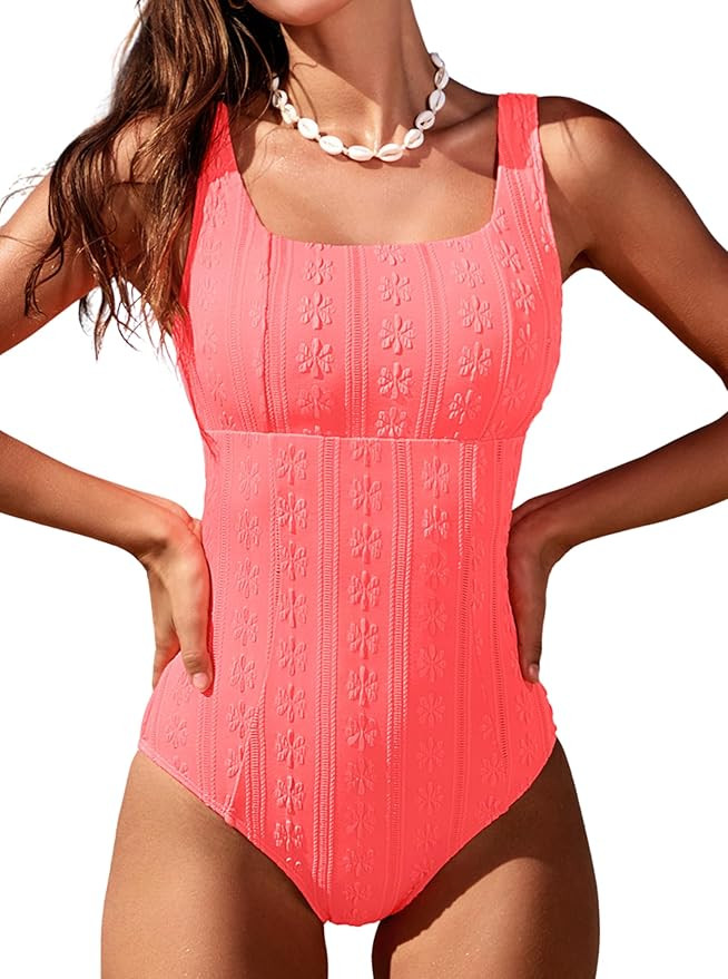 popvil Women's One-Piece Swimsuit - Modest Square Neck Solid Color Bathing Suit Cute Beach Vacati... | Amazon (US)