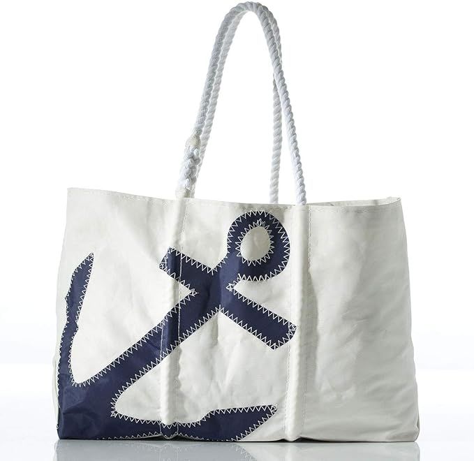 Sea Bags Recycled Sail Cloth Navy Anchor Tote Large White Handles | Amazon (US)