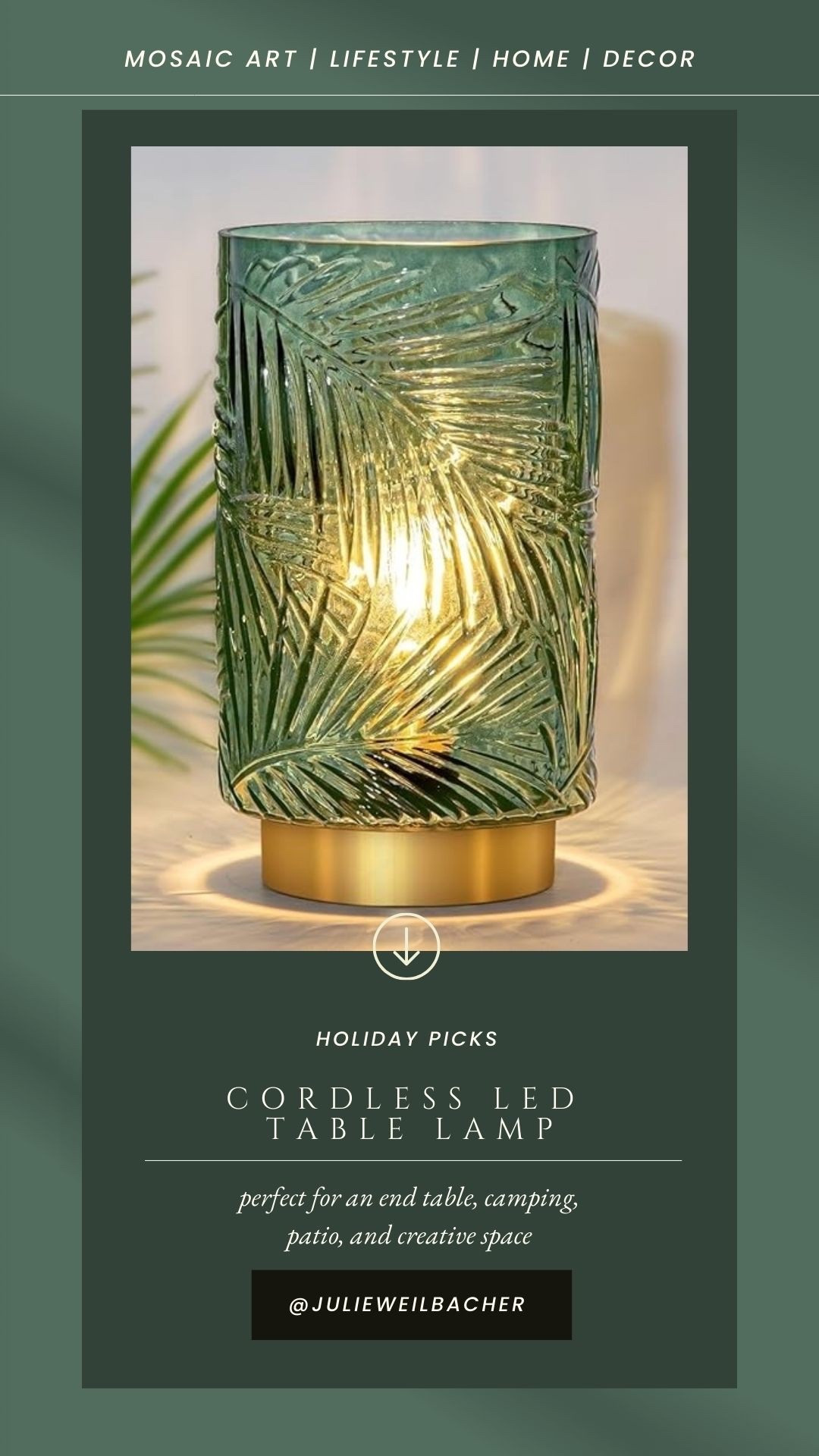 This cordless LED table lamp includes a glass shade and gold metal base. The shade features a textured leaf design. There’s even a timer! Use it on a side table, outside on your patio, or in your creative space to set an ambient mood. Additional colors and sizes available.

As a mosaic artist this could be additional lighting for those late-night tiling sessions. For mosaic tips, tutorials + inspiration please visit my YouTube channel: YouTube.com/julieweilbacher. Follow @julieweilbacher on Instagram for all things mosaic art.

#ledportablelight #cordlesstablelamp #bohodecor #coastaldecor #moderndecor #mosaic #smallspaceliving #glasslamp #moderndecor #lastminutegiftideas #minimaldecor

#LTKFindsUnder50 #LTKHome #LTKGiftGuide