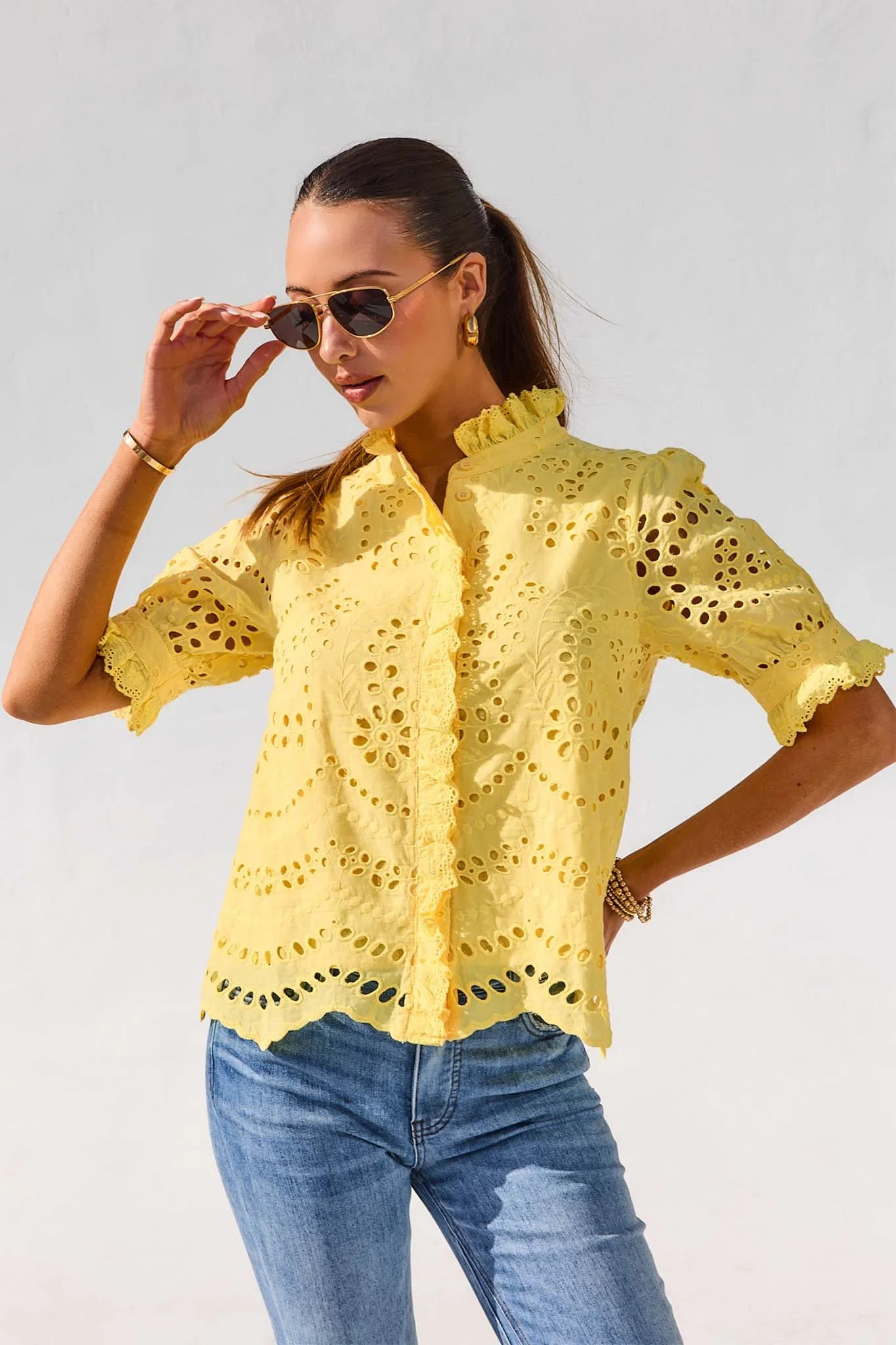 Janey Yellow Eyelet Button Up Top | Avara