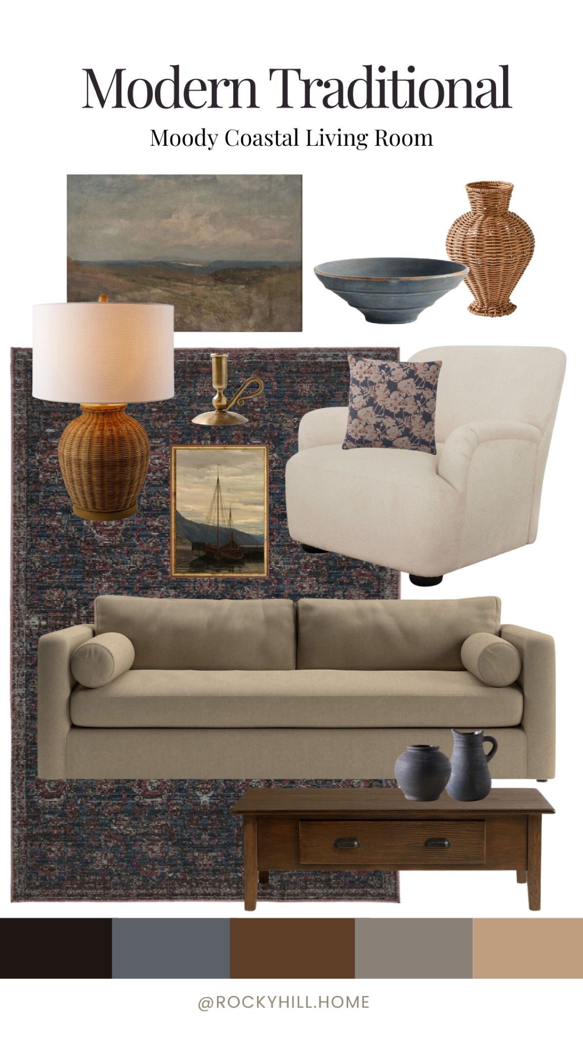 Modern Traditional Living Room, Moody Coastal Mood Board, Navy blue decor mixed with neutral furniture, traditional wood, and woven accessories, 
coastal lamp, crate and barrel sofa, affordable chair from Walmart, moody art

#LTKSeasonal #LTKHome #LTKStyleTip

#LTKFindsUnder100 #LTKStyleTip #LTKHome