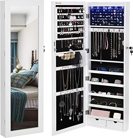 SONGMICS 6 LEDs Mirror Jewelry Cabinet, 47.3"H Lockable Wall/Door Mounted Jewelry Armoire Organiz... | Amazon (US)