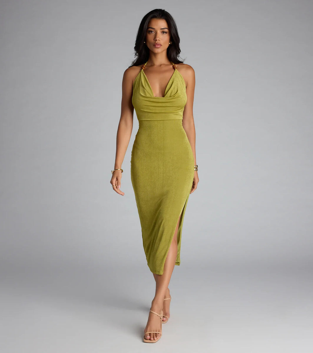 Chic Paradise Halter Open Back Slit Midi Dress | Windsor Stores