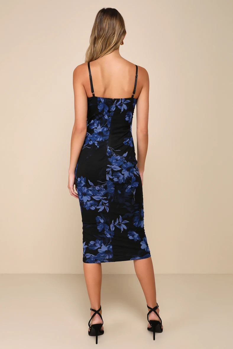Date Night Beauty Black Floral Print Mesh Ruched Midi Dress | Lulus
