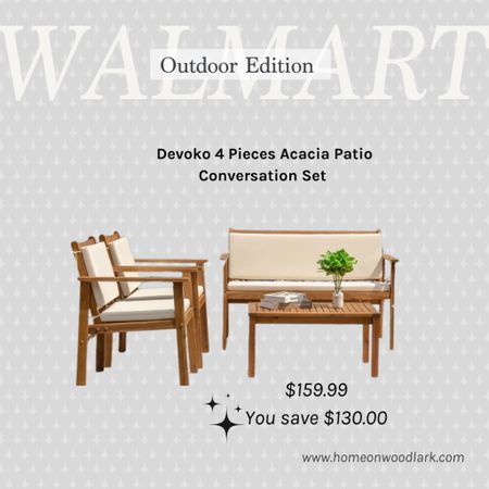 This acacia four piece outdoor furniture set at Walmart is on sale for $159, which is a savings of $130!  

Love the natural wood of this set.  

Walmart outdoor furniture.  Outdoor acacia wood furniture.  Walmart sale.  Outdoor chairs.  

#LTKHome #LTKSeasonal #LTKSaleAlert