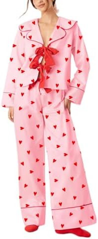 Argeousgor Women Bow Tie Pajamas Satin Silk Heart Print Pajama Set Long Sleeve Button Down Top an... | Amazon (US)