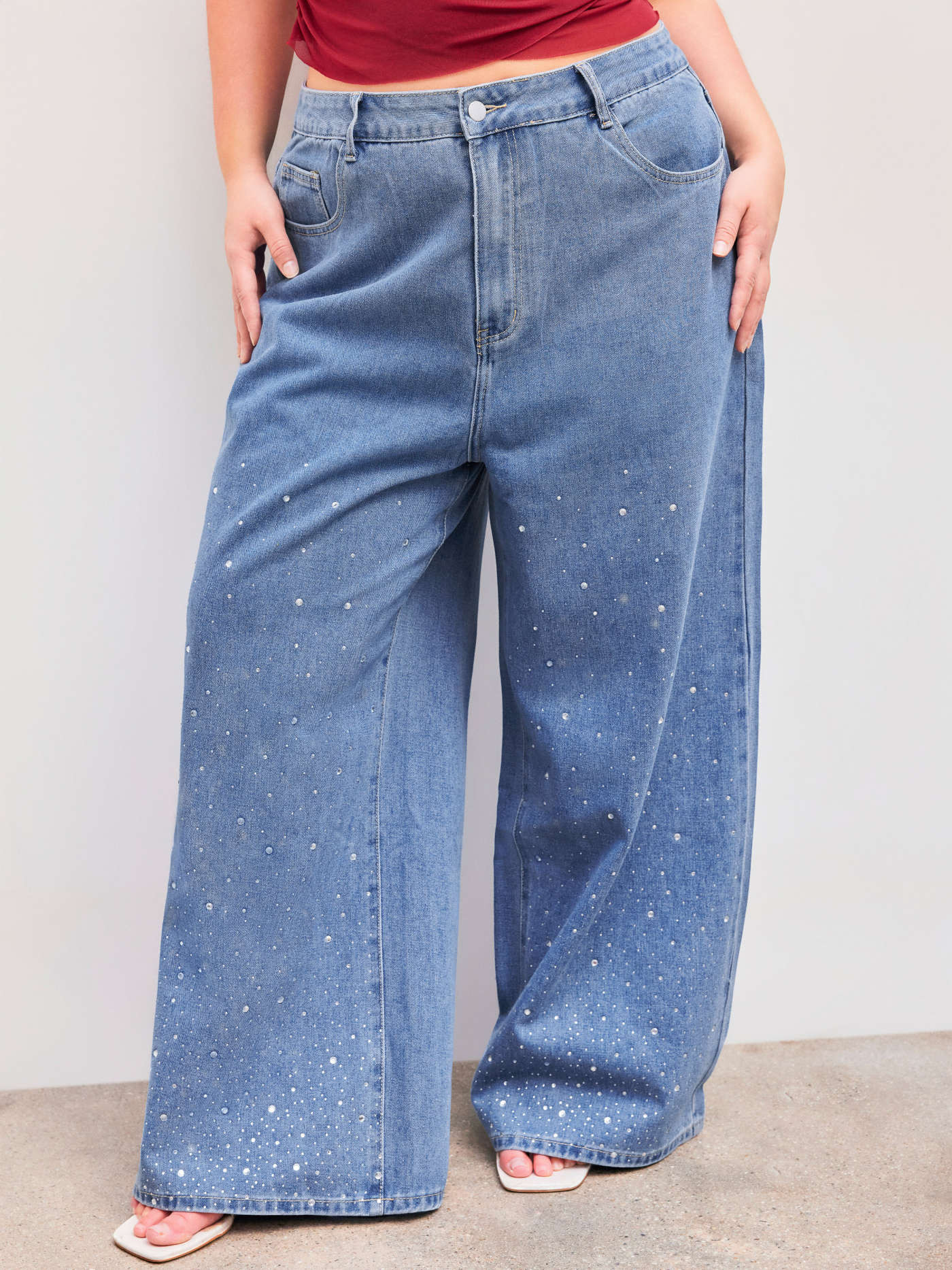 Mid Waist Solid Rhinestone Pocket Wide Leg Jeans Curve & Plus | Cider