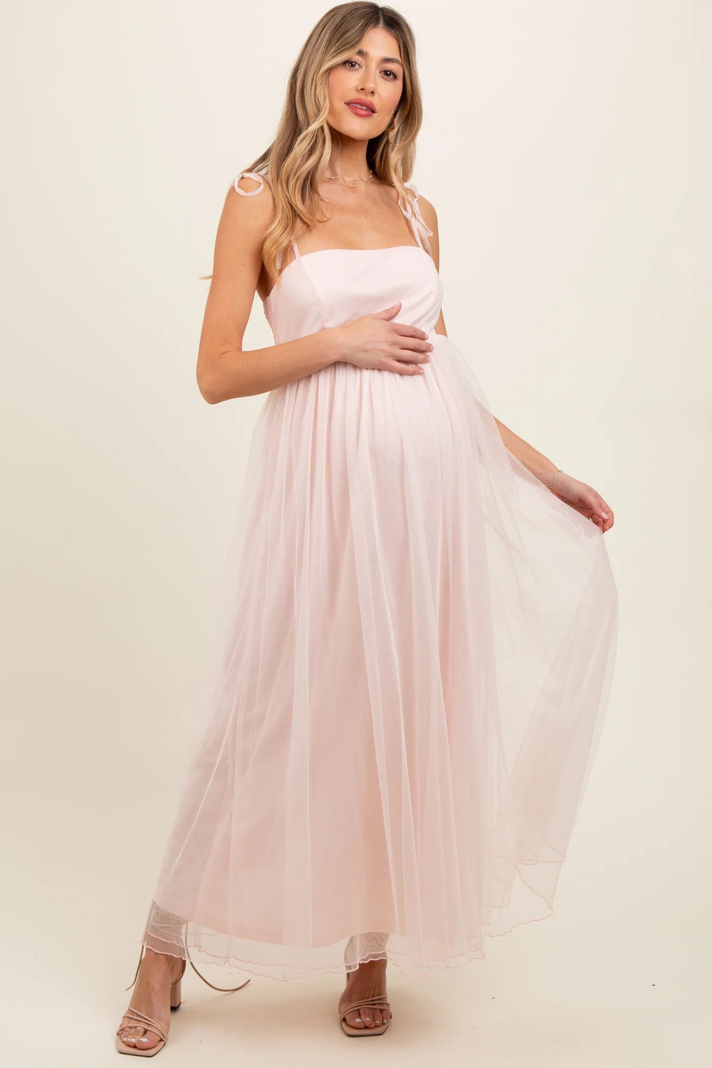 Light Pink Square Neck Shoulder Tie Tulle Maternity Maxi Dress | PinkBlush Maternity