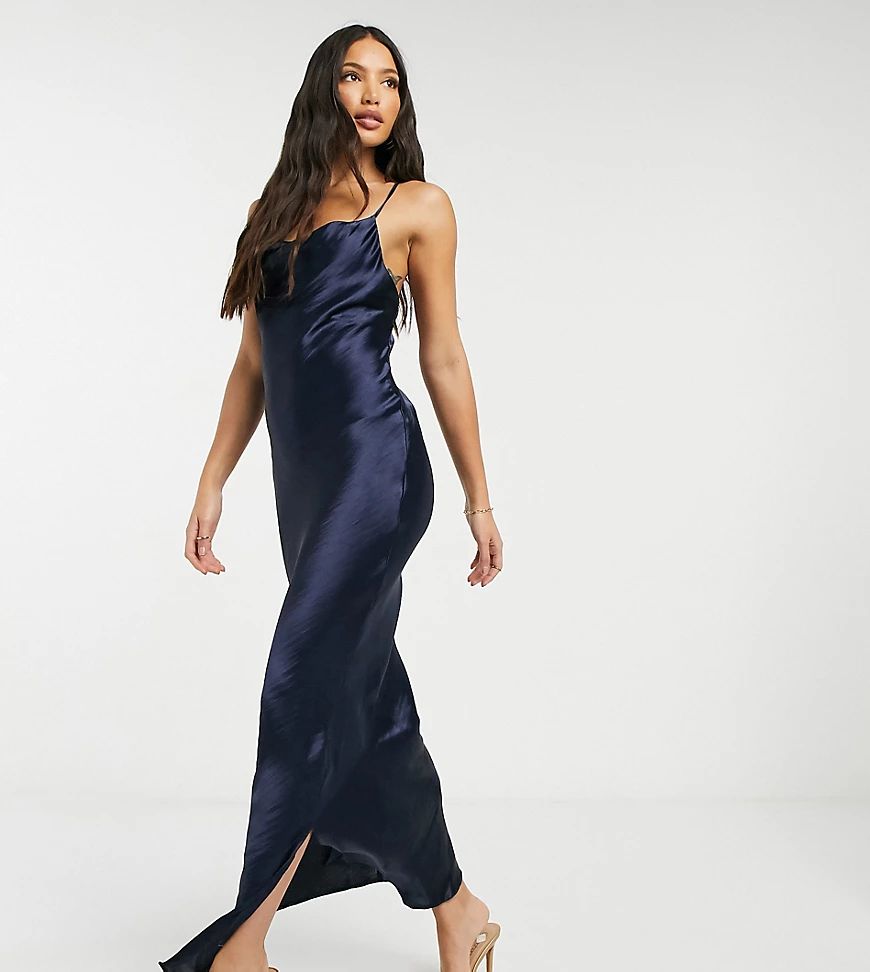 ASOS DESIGN Tall cami maxi slip dress in high shine satin with lace up back-Navy | ASOS (Global)