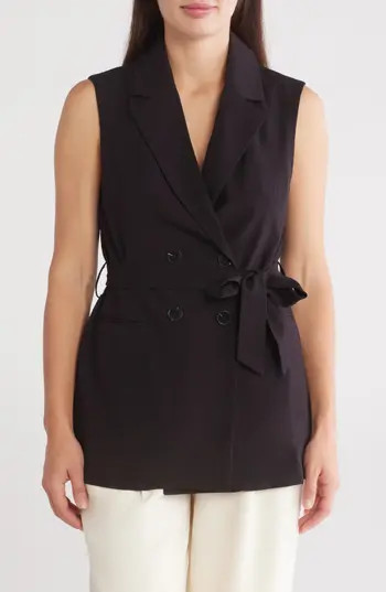 Ellen Tracy Double Breasted Belted Long Vest in Black at Nordstrom Rack, Size Small | Nordstrom Rack