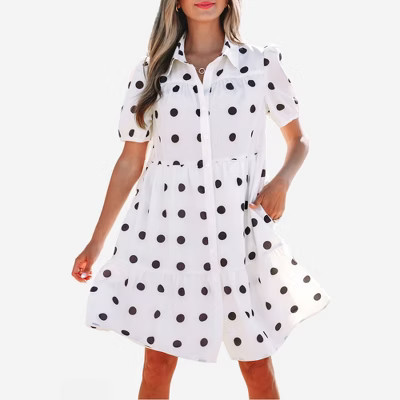 Amaryllis Women’s Polka Dot Button Front Puff Sleeve Tiered Babydoll Mini Dress with Collar and Side Pockets Light Dress- Medium ,White | Target