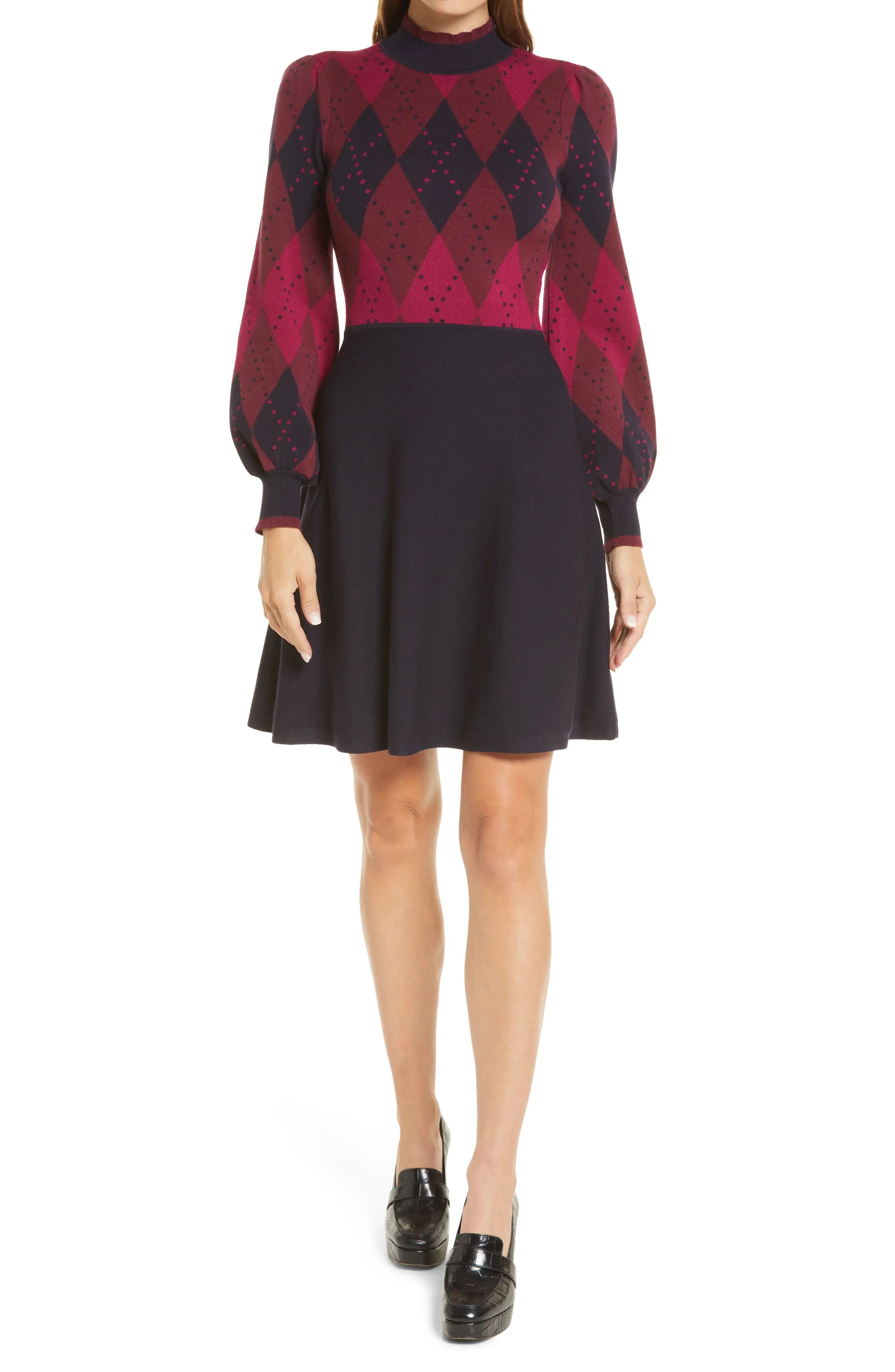 Eliza J Argyle Long Sleeve Fit & Flare Dress in Navy at Nordstrom, Size Small | Nordstrom
