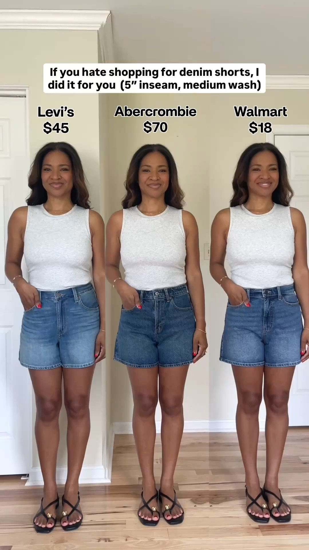 I am 5.5 and I wear a size 4 in the Walmart shorts and 27 in both Levi’s and Abercrombie in the “Curve Love” fit 
The Abercrombie medium is a slightly darker wash than the others. The Levi’s have an adjustable waist! 

 #ltkover40 #ltkgrwm #ltkootd