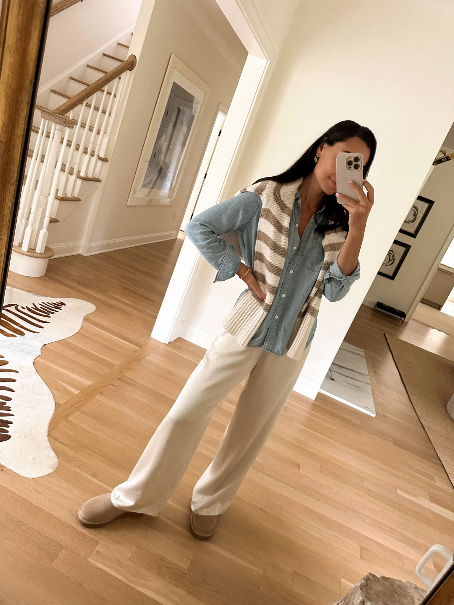 Easy fall outfit, silk pants, chambray, stripe sweater, Jenni Kayne, Ugg shoes, fall fashion. 

#LTKSeasonal #LTKShoeCrush #LTKootd