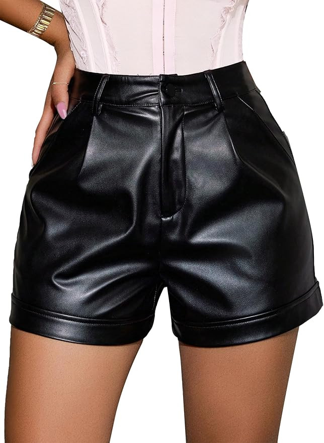 Avanova Women Faux Leather High Waisted Shorts Pleated Casual Summer Shorts | Amazon (US)