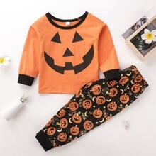 Toddler Girls Halloween Print Tee & Sweatpants | SHEIN