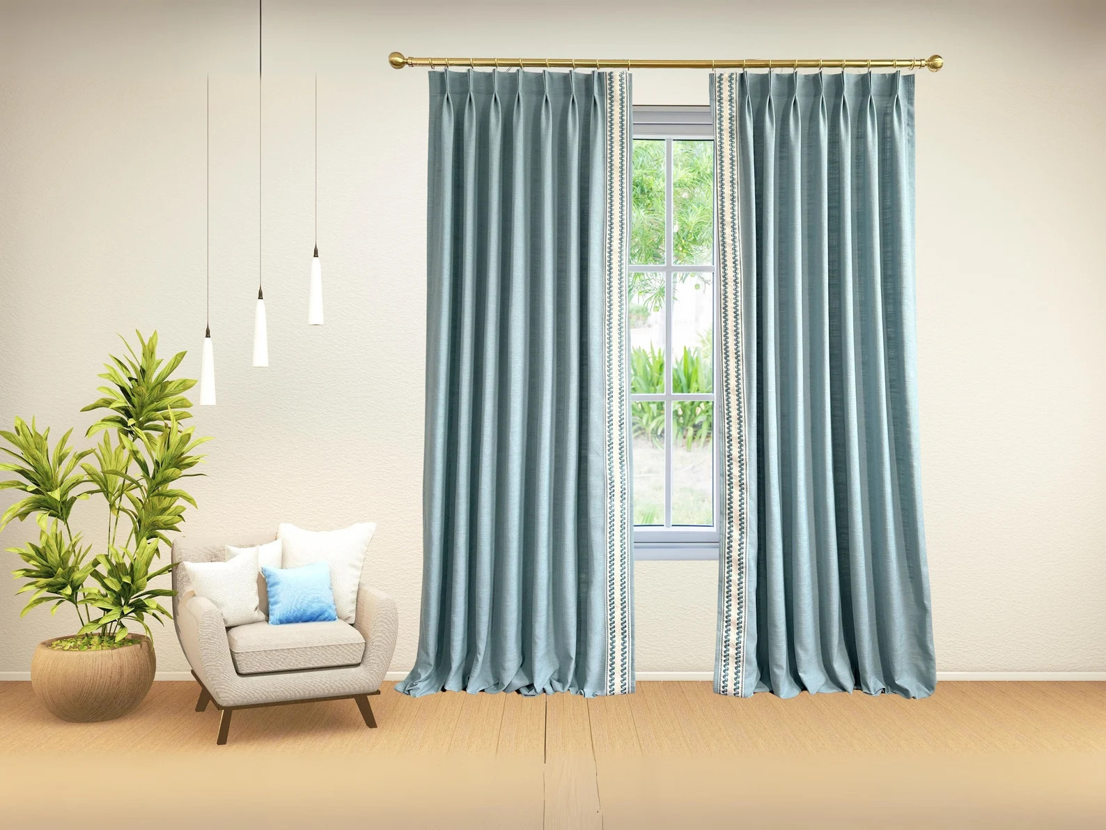 Light Blue Cotton Linen Curtain Panels With Trim, Beautiful Custom Curtains and Drapes, Available... | Etsy (US)