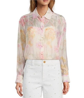 Priscilla Organza Sheer Long Sleeve Button Front Blouse | Dillard's