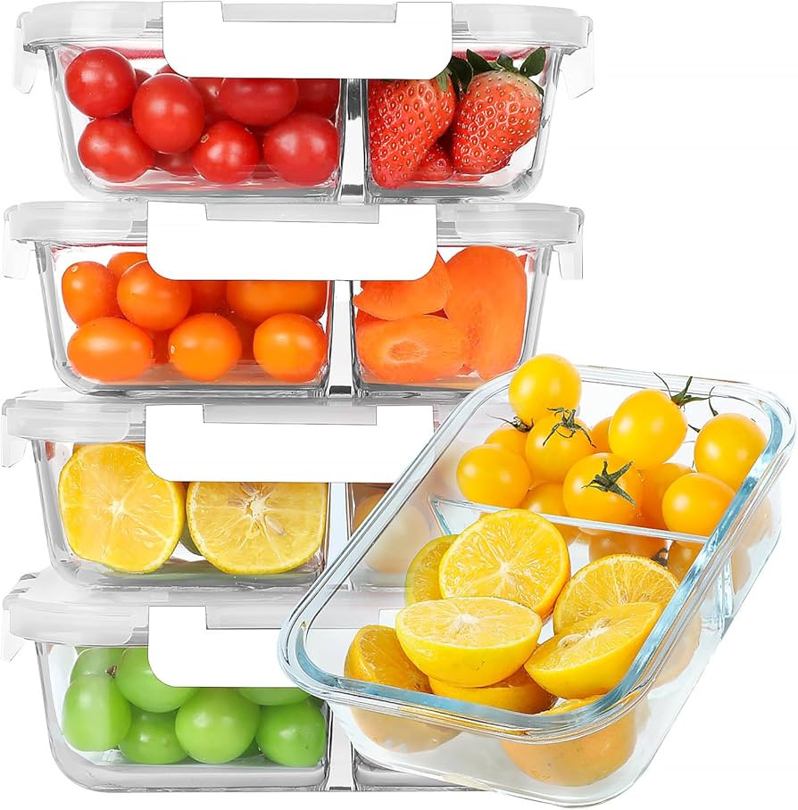 KOMUEE 30 oz 5 Pack Glass Meal Prep Containers 2 Compartments, Glass Food Storage Containers with... | Amazon (US)