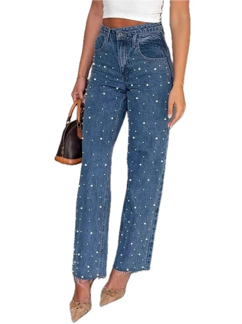 Womens Pearl Embellished High Waist Straight Leg Denim Jeans with Pockets Stretchy Denim Pants fo... | Walmart (US)