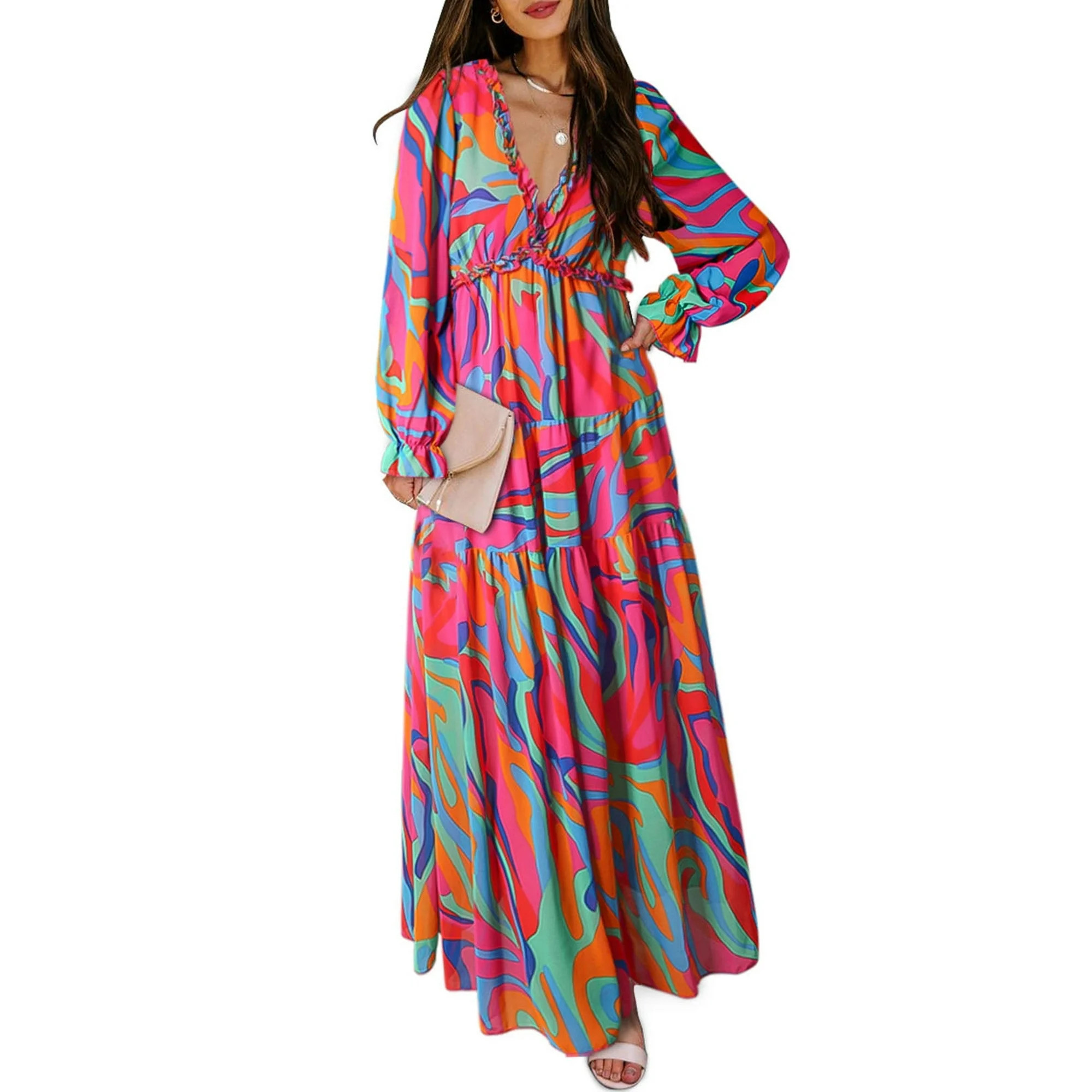 Dokotoo Colorblock Elastic High Waist Maxi Dress for Women Casual Relaxed Fitted Long Sleeve Boho... | Walmart (US)