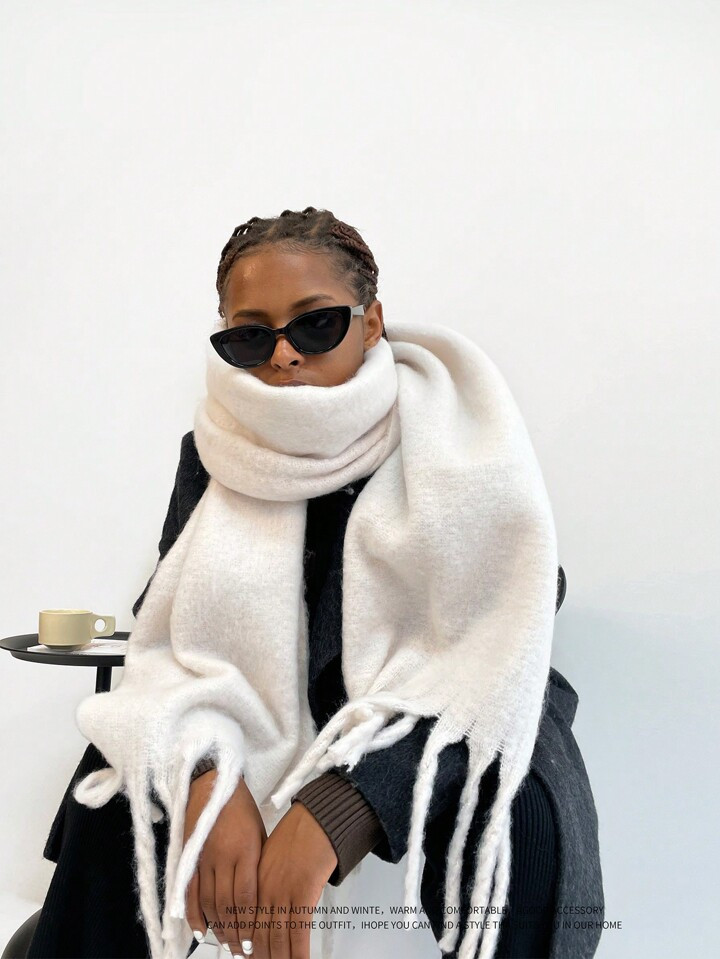 1pc Women'S Warm Oversized Solid Color Cashmere Scarf/Classic Plaid Tassel Shawl/Leisure Non-Elas... | SHEIN