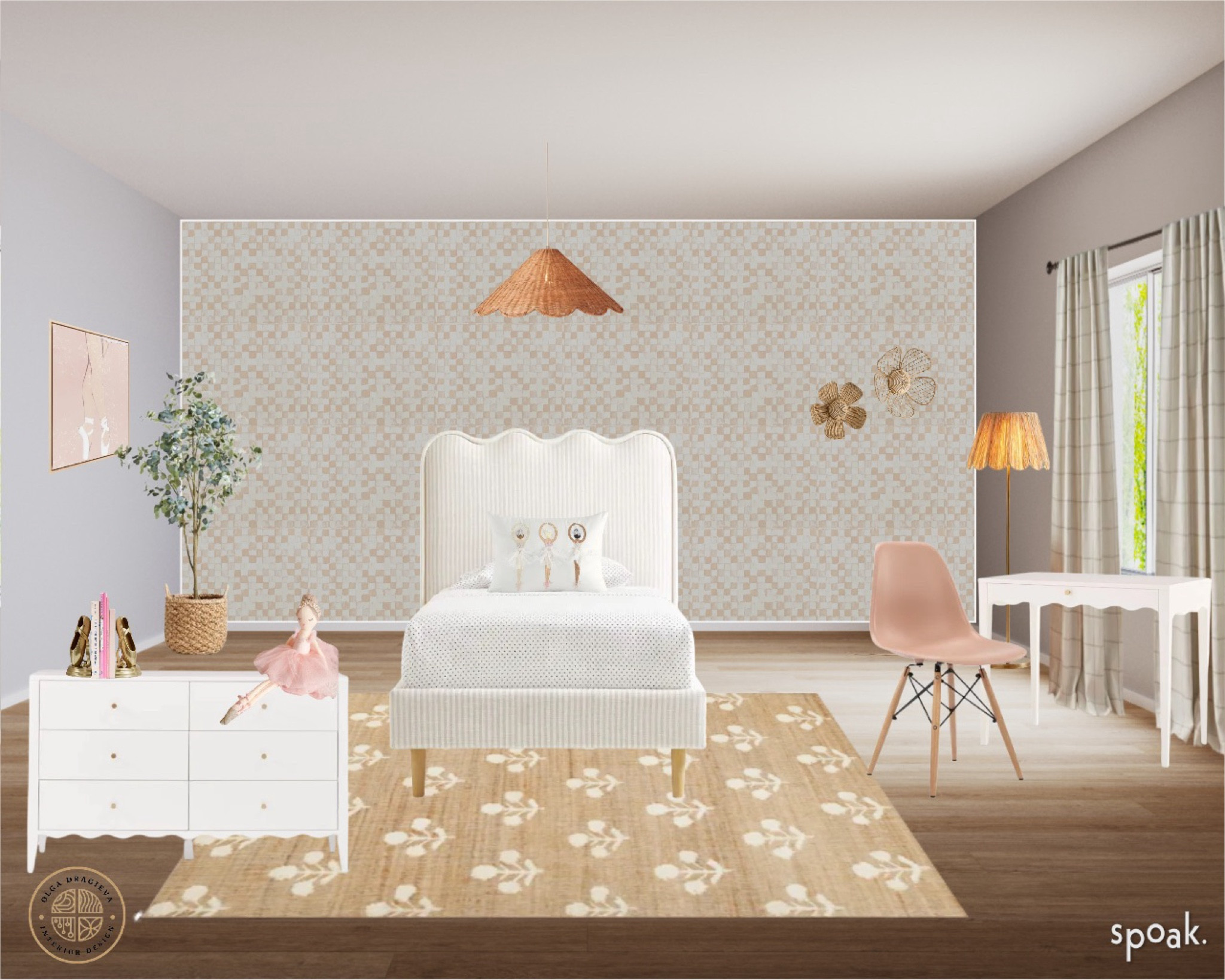 Beautiful girl’s room! Checkered wallpaper, rattan lighting, scalloped desk and white dresser, wool and jute neutral rug, blackout curtain, ballerina wall art and decor. 

#LTKKids #LTKHome #LTKSummerSales