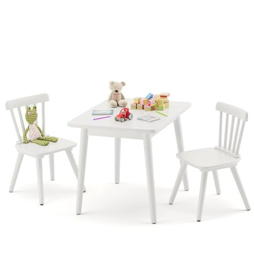 Curipeer Windsor Kids Table and 2 Chair Set, Rubberwood Toddler Table and Chair Set for Art, Play, Craft, Activity, Children Table with Non-Slip Legs/Round Edge Design, White | Amazon (US)