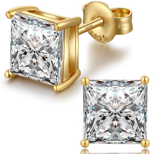 Men Earrings Gold Square Earrings for Men Women Square Diamond Earring Gold Studs Cubic Zirconia Earring Studs Silver CZ Diamond Stud | Amazon (US)