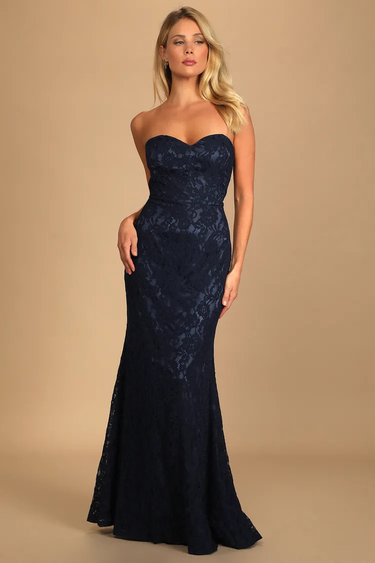 Wow the Crowd Navy Blue Lace Strapless Mermaid Maxi Dress | Lulus (US)