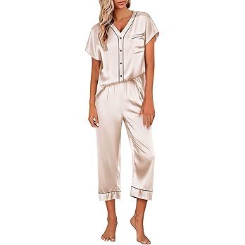 Ekouaer Women Satin Pajamas Set Button Up Nightgown Short Sleeve V-Neck Sleepwear Two Piece Short... | Amazon (US)