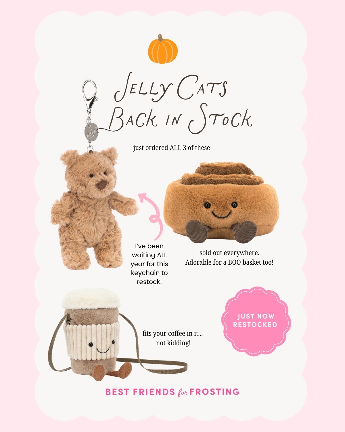 Jellycats back in stock! Bartholomew bear keychain, cinnamon roll, coffee purse and so many more! Perfect for boo basket Halloween gift ideas of Christmas stocking stuffers or Christmas gift ideas too

#LTKmomlife #LTKKids #LTKSeasonal