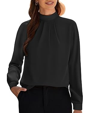 Funlingo Women's Long Sleeve Tops Dressy Casual Mock Neck Work Blouse Fall Trendy Front Pleated T... | Amazon (US)